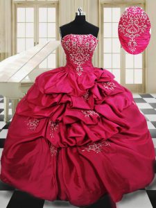 Floor Length Hot Pink Quinceanera Gowns Taffeta Sleeveless Beading and Embroidery and Pick Ups