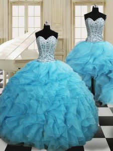 Three Piece Floor Length Lace Up Quinceanera Dress Baby Blue for Military Ball and Sweet 16 and Quinceanera with Beading and Ruffles