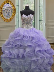 Low Price Lavender Ball Gowns Beading and Ruffles Quinceanera Gown Lace Up Organza Sleeveless Floor Length