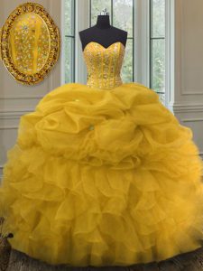 Customized Gold Lace Up Sweet 16 Quinceanera Dress Beading and Ruffles and Pick Ups Sleeveless Floor Length