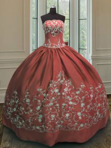 Colorful Rust Red Quinceanera Gown Military Ball and Sweet 16 and Quinceanera and For with Embroidery Strapless Sleeveless Lace Up