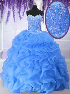 Blue Sweetheart Lace Up Ruffles and Sequins Quince Ball Gowns Sleeveless
