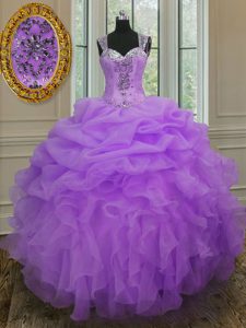 Modern Straps Floor Length Lavender 15th Birthday Dress Organza Sleeveless Beading and Ruffles