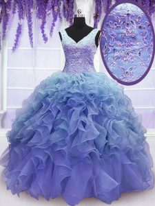 Customized Floor Length Purple Sweet 16 Dress V-neck Sleeveless Lace Up