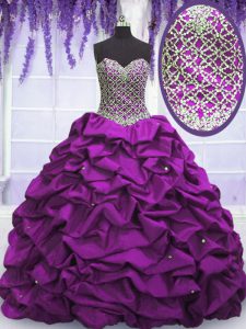 Purple Ball Gowns Beading and Sequins and Pick Ups Vestidos de Quinceanera Lace Up Taffeta Sleeveless Floor Length