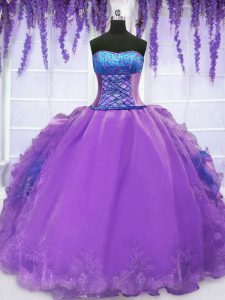 Glittering Purple Ball Gowns Organza Strapless Sleeveless Embroidery and Ruffles Floor Length Lace Up Sweet 16 Dresses