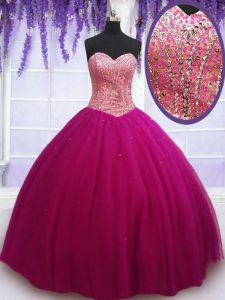 High Class Hot Pink Ball Gowns Beading Quince Ball Gowns Lace Up Tulle Sleeveless Floor Length