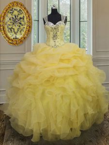 Straps Floor Length Light Yellow Ball Gown Prom Dress Organza Sleeveless Beading and Ruffles