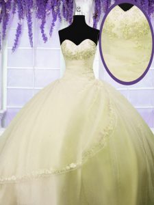 Sumptuous Sleeveless Tulle Floor Length Lace Up Sweet 16 Dress in Light Yellow with Appliques