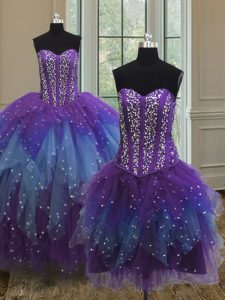 Three Piece Floor Length Multi-color 15 Quinceanera Dress Tulle Sleeveless Beading and Ruffles and Sequins