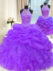 Three Piece Eggplant Purple Sleeveless Beading and Pick Ups Floor Length Quince Ball Gowns