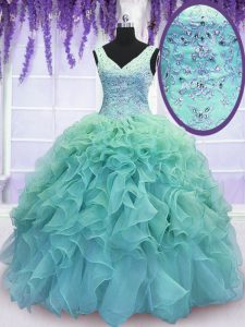 Custom Fit Blue 15 Quinceanera Dress Military Ball and Sweet 16 and Quinceanera and For with Beading and Embroidery and Ruffles V-neck Sleeveless Lace Up