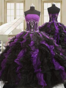 Sophisticated Black And Purple Organza Lace Up Ball Gown Prom Dress Sleeveless Floor Length Beading and Ruffles