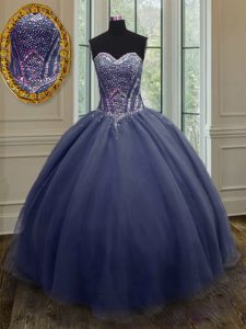 Sweetheart Sleeveless Lace Up Quinceanera Gowns Navy Blue Organza