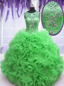 Green Ball Gowns Scoop Sleeveless Organza Floor Length Lace Up Beading and Ruffles 15th Birthday Dress