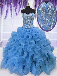 Fitting Organza Sweetheart Sleeveless Lace Up Beading and Ruffles Quince Ball Gowns in Baby Blue
