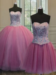 Three Piece Rose Pink Lace Up Sweet 16 Quinceanera Dress Beading Sleeveless Floor Length