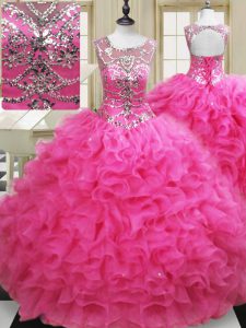 Fine Scoop Beading and Ruffles Quinceanera Gowns Hot Pink Lace Up Sleeveless Floor Length
