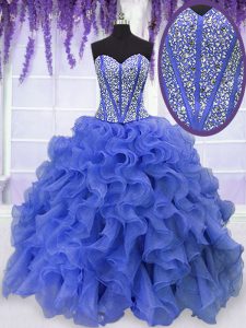 Smart Royal Blue Ball Gowns Beading and Ruffles 15 Quinceanera Dress Lace Up Organza Sleeveless Floor Length
