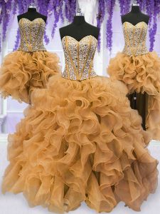 Custom Made Four Piece Gold Sleeveless Floor Length Beading and Ruffles Lace Up Quinceanera Gowns