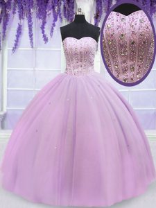 Wonderful Floor Length Lace Up Sweet 16 Dresses Lilac for Military Ball and Sweet 16 and Quinceanera with Beading