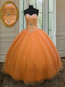 Orange Lace Up Sweetheart Beading Quince Ball Gowns Organza Sleeveless