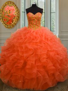 Elegant Sleeveless Organza Floor Length Lace Up Sweet 16 Quinceanera Dress in Orange Red with Beading and Ruffles