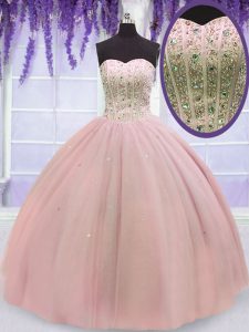 Baby Pink Ball Gowns Sweetheart Sleeveless Tulle Floor Length Lace Up Beading Quince Ball Gowns