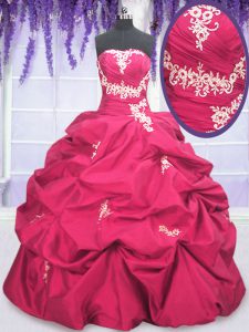 Hot Pink Lace Up Strapless Appliques and Pick Ups Quinceanera Gown Taffeta Long Sleeves