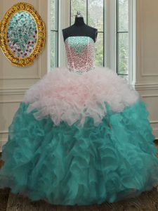 Multi-color Ball Gowns Beading and Ruffles 15th Birthday Dress Lace Up Organza Sleeveless Floor Length