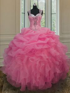 Straps Sleeveless Organza Floor Length Zipper Quinceanera Dresses in Baby Pink with Beading and Ruffles