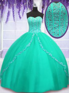 Turquoise Sweetheart Neckline Beading and Sequins Quinceanera Dress Sleeveless Lace Up