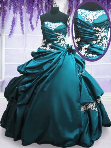 Extravagant Teal Taffeta Lace Up Ball Gown Prom Dress Sleeveless Floor Length Appliques and Pick Ups
