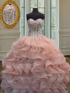 Floor Length Peach Quinceanera Dresses Sweetheart Sleeveless Lace Up