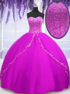 Fuchsia Ball Gowns Beading Sweet 16 Quinceanera Dress Lace Up Tulle Sleeveless Floor Length