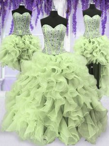 Four Piece Yellow Green Organza Lace Up Sweet 16 Dress Sleeveless Floor Length Ruffles and Sequins