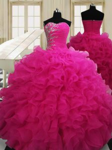 Simple Hot Pink Sweetheart Zipper Beading Quince Ball Gowns Sleeveless