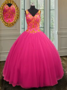 Nice Floor Length Hot Pink Sweet 16 Dresses Tulle Sleeveless Beading