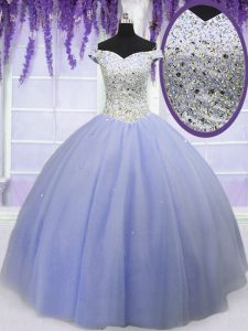 Simple Off The Shoulder Short Sleeves Tulle Quinceanera Gown Beading Lace Up