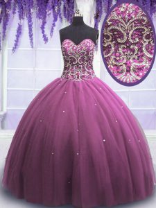 Lilac Ball Gowns Sweetheart Sleeveless Tulle Floor Length Lace Up Beading Quince Ball Gowns