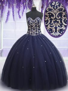 Dramatic Navy Blue Lace Up Quinceanera Gown Beading Sleeveless Floor Length