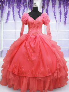 Coral Red Ball Gowns Beading and Embroidery Sweet 16 Dresses Lace Up Organza Long Sleeves Floor Length