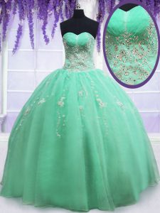 Floor Length Zipper Vestidos de Quinceanera Apple Green for Military Ball and Sweet 16 and Quinceanera with Beading and Embroidery