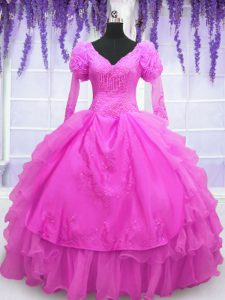 V-neck Long Sleeves Lace Up Quince Ball Gowns Hot Pink Organza