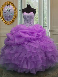 Lilac Sleeveless Beading and Pick Ups Floor Length Quince Ball Gowns