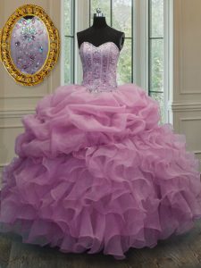 Luxurious Baby Pink Ball Gowns Beading and Pick Ups 15th Birthday Dress Lace Up Organza Sleeveless Floor Length