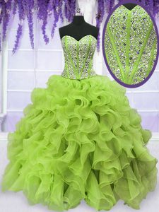 Yellow Green Quinceanera Dress Military Ball and Sweet 16 and Quinceanera and For with Beading and Ruffles Sweetheart Sleeveless Lace Up