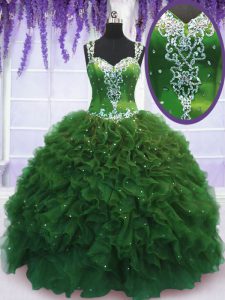 Straps Green Sleeveless Tulle Zipper 15th Birthday Dress for Military Ball and Sweet 16 and Quinceanera