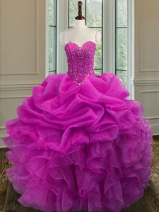 New Arrival Fuchsia Ball Gowns Organza Sweetheart Sleeveless Beading and Ruffles Floor Length Lace Up Sweet 16 Dresses