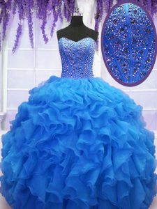 Royal Blue Sleeveless Floor Length Beading and Ruffles Lace Up Quinceanera Gown